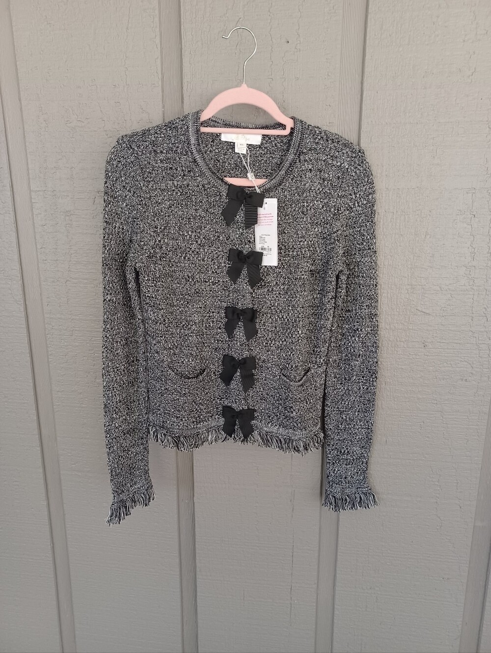 Lilly Pulitzer Kelso Bow Cardigan Size XS Feminine Fringe Cotton In Black Marled